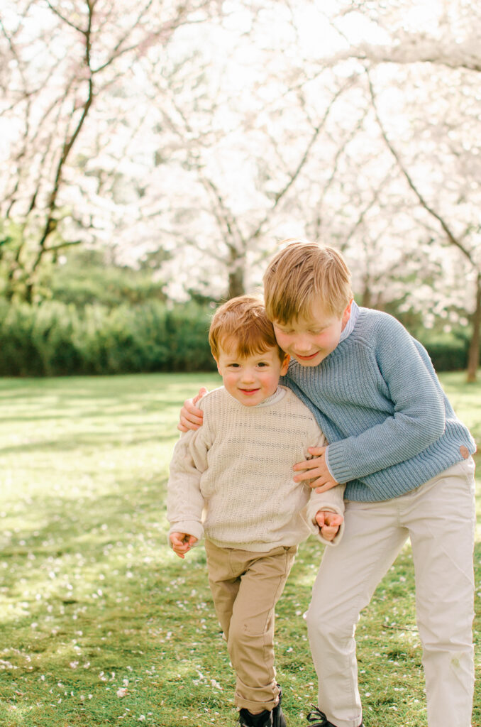 brothers laughing together in the cherry blossoms