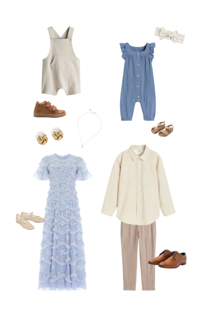 blue and beige spring family outfits