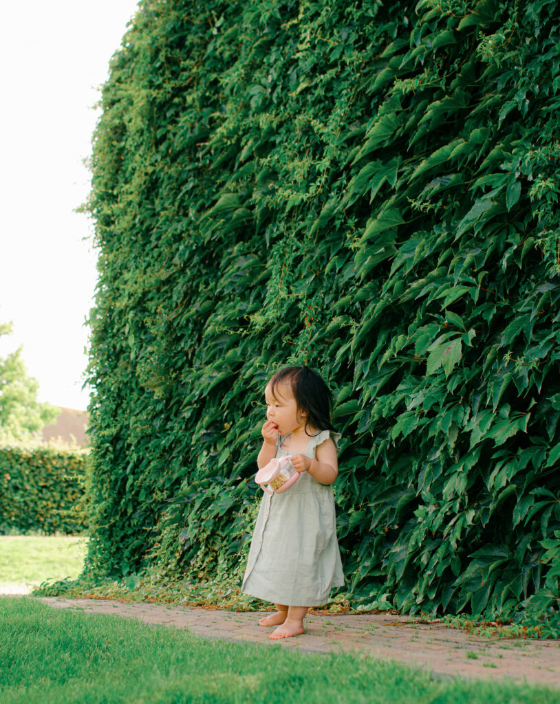 Toddler snacks on cereal pieces during her photoshoot.